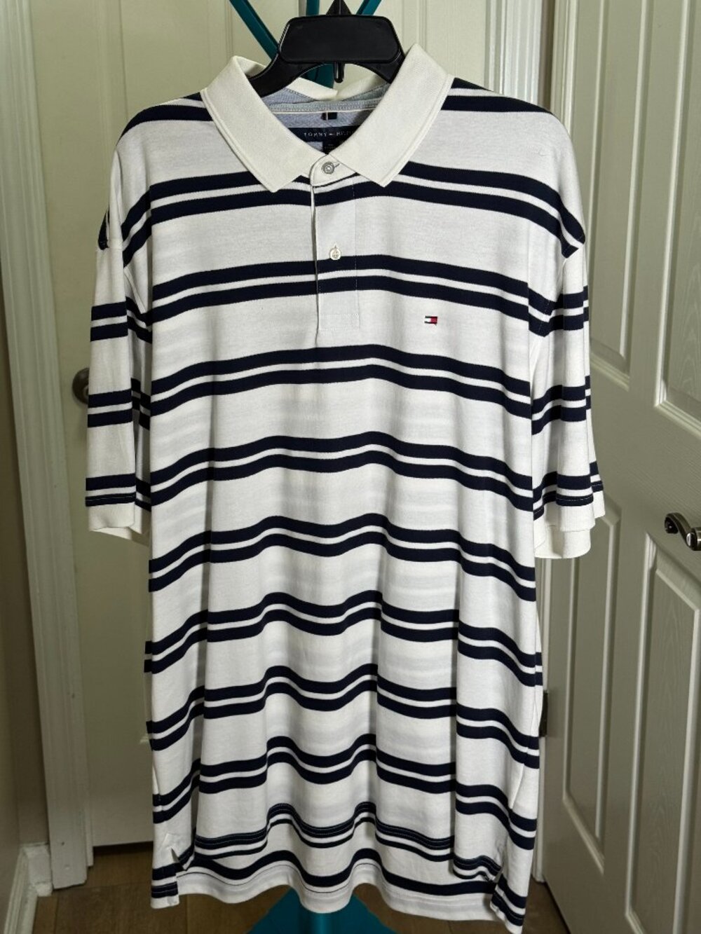 Tommy Hilfiger Polo Shirt XXL White Navy Striped Classic Logo Cotton